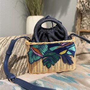 Mini Woven Rattan Crossbody, Navy Tropical Leaves Embroidery, Drawstring closure